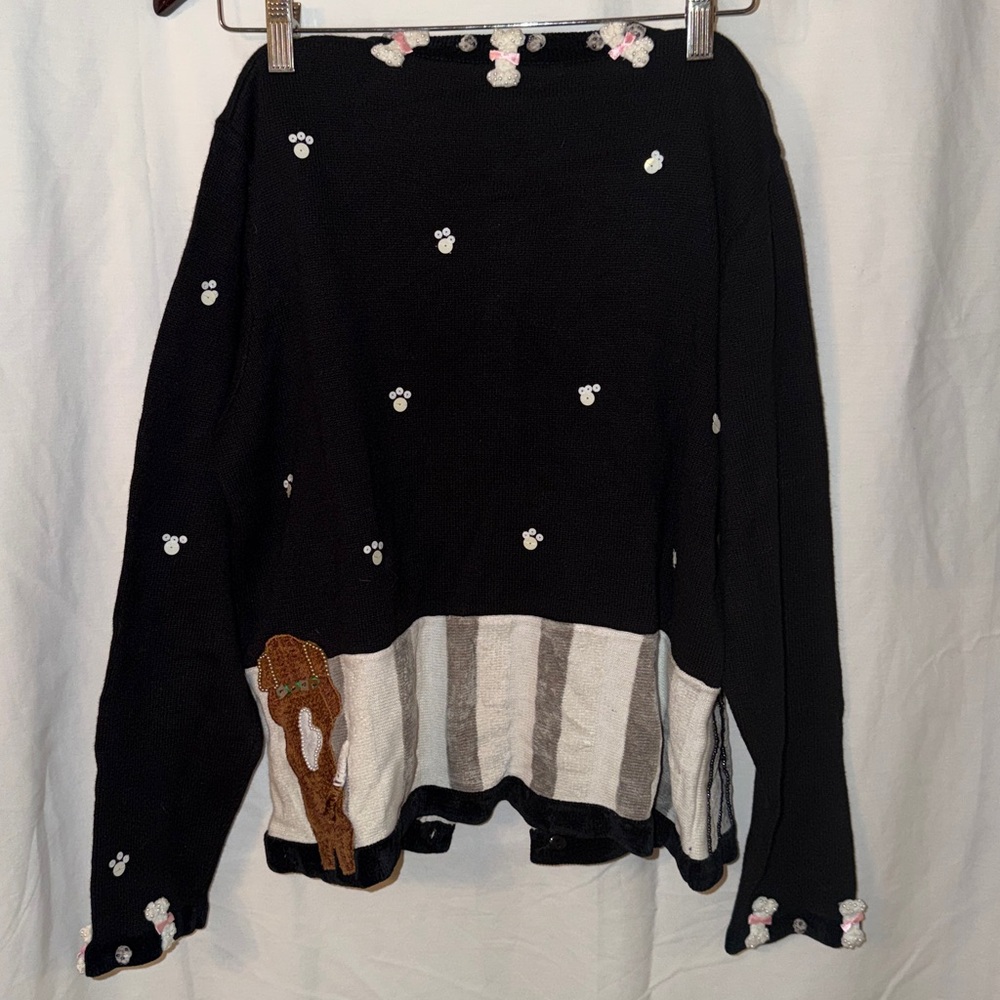 Vintage BEREK Dog Cardigan Sweater Womens M Black Beaded Puppies Poodle Boxer - Picture 10 of 11